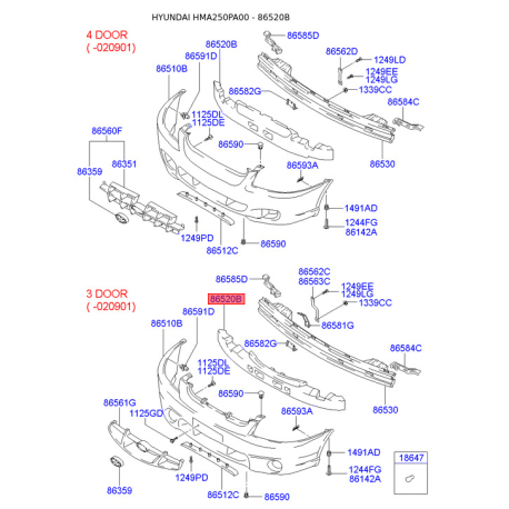 Абсорбер (пена, амортизатор) бампера 86520-25650 Mobis - 8652025650 - схема с каталога 86520B, HMA250PA00 8652025650