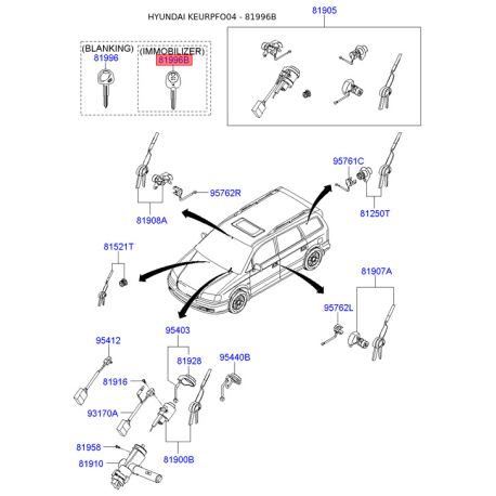 Ключ (вставка) двери в брелок 81996-38010 Mobis - 8199638010 - схема с каталога 81996B, KEURPFO04 8199638010