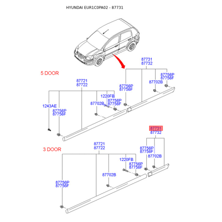 Молдинг порога, бампера і крила лівий 87731-1C000CA Mobis - 877311C000CA - схема з каталогу 87731, EUR1C0PA02 877311C000CA