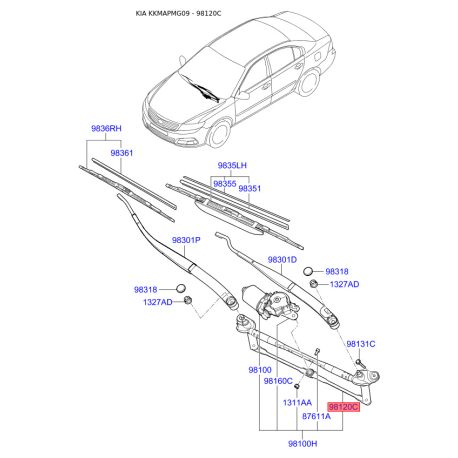 Привід склоочисника, система очищення вікон 98120-2G100 Mobis - 981202G100 - схема з каталогу 98120C, KKMAPMG09 981202G100