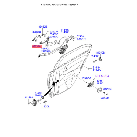Система управления ручки двери задняя 82654-3K000 Mobis - 826543K000 - схема с каталога 82654A, HMA0A0PA04 826543K000