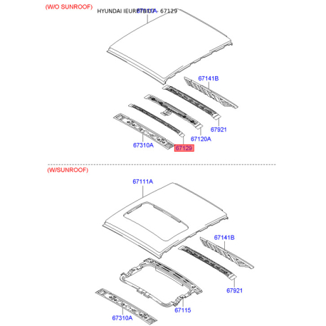 Каркас крыши 67134-1C000 Mobis - 671341C000 - схема с каталога 67129, IEURPTBI07 671341C000