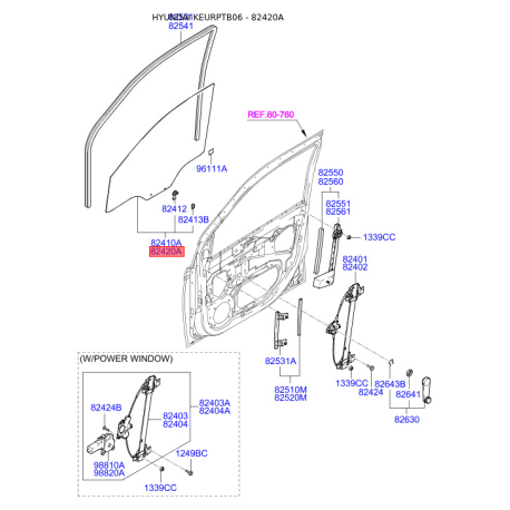 Боковое стекло правое 82420-1C200 Mobis - 824201C200 - схема с каталога 82420A, KEURPTB06 824201C200