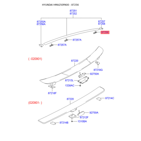 Крепление молдинга крыши 87256-25010 Mobis - 8725625010 - схема с каталога 87256, HMA250PA00 8725625010
