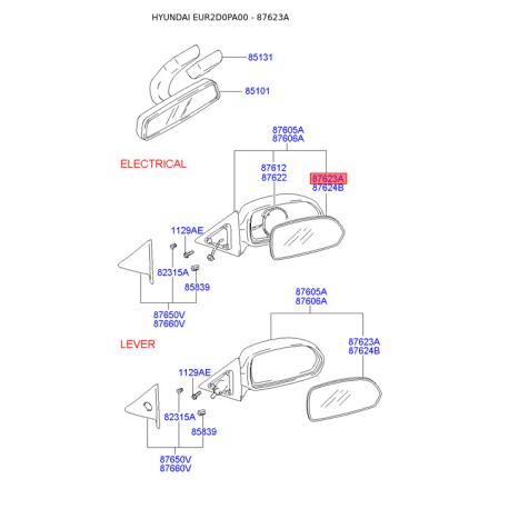 Зеркальный элемент наружного зеркала задний левый 87611-2D220 Mobis - 876112D220 - схема с каталога 87623A, EUR2D0PA00 876112D220
