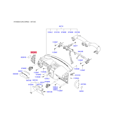 Накладка панели прибров (торпеды) левая 84716-1C001BJ Mobis - 847161C001BJ - схема с каталога 84716C, EUR1C0PA02 847161C001BJ