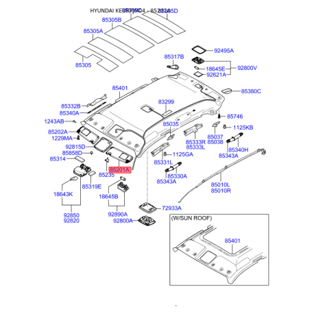 Солнцезащитный козырёк левый 85201-2E130QS Mobis - 852012E130QS - схема с каталога 85201A, KEURPJM04 852012E130QS