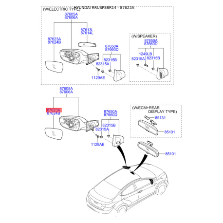 Зеркальный элемент наружного зеркала задний левый 87611-4L010 Mobis - 876114L010 - схема с каталога 87623A, RRUSPSBR14 876114L010