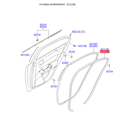 Ущільнення дверей праве 83120-3K000QS Mobis - 831203K000QS - схема з каталогу 83120B, AHMAPNFA04 831203K000QS