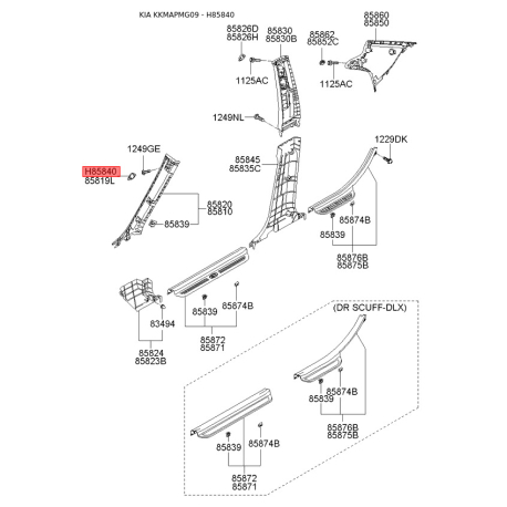 Оббивка (накладка) салону права 85829-2G100QW Mobis - 858292G100QW - схема з каталогу H85840, KKMAPMG09 858292G100QW