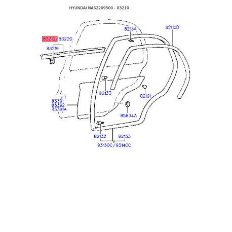 Ущільнювач (прокладка), бічне скло лівий 83210-22000 Mobis - 8321022000 - схема з каталогу 83210, NAS2209500 8321022000
