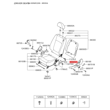 Каркас сиденья задний 88565-2F00087 Mobis - 885652F00087 - схема с каталога 88565A, KKMAPLD06 885652F00087