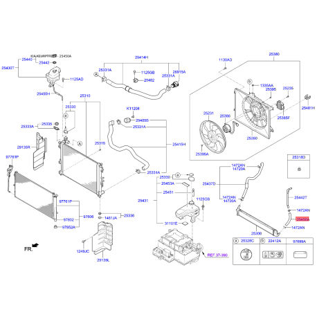 Шланг радиатора 25450-4R000 Mobis - 254504R000 - схема с каталога 25450A, KEURPTFE14 254504R000