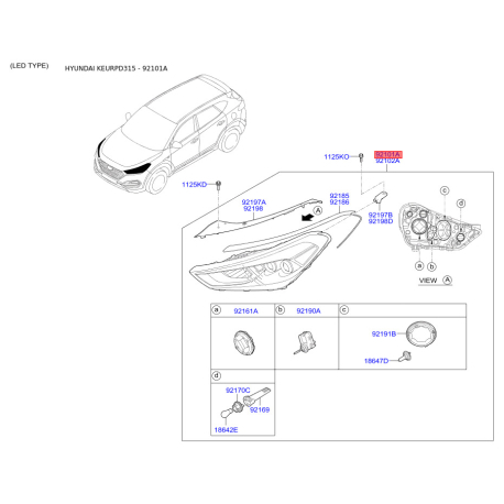 Фара основная левая 92101-D3200 Mobis - 92101D3200 - схема с каталога 92101A, KEURPD315 92101D3200