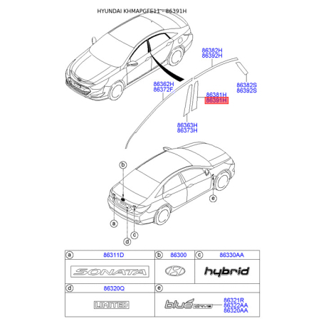 Облицовка / защитная накладка, боковина правая 86391-3S010 Mobis - 863913S010 - схема с каталога 86391H, KHMAPGFE11 863913S010
