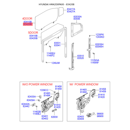 Бокове вікно дверей праве 83420-2D011 Mobis - 834202D011 - схема з каталогу 83420B, HMA2D0PA00 834202D011