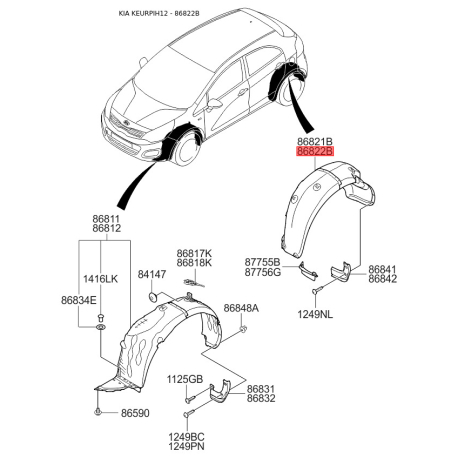 Обшивка (подкрылок), колесная ниша правая 86822-1W000 Mobis - 868221W000 - схема с каталога 86822B, KEURPIH12 868221W000