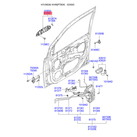 Ручка дверей права 82660-1C060 Mobis - 826601C060 - схема з каталогу 82660, KHMJPTB06 826601C060