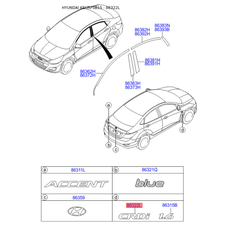 Емблема задніх та боковой дверей, капота 86316-1R400 Mobis - 863161R400 - схема з каталогу 86322L, KEURPSB15 863161R400