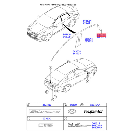 Облицовка / защитная накладка, боковина задняя левая 86383-3S010 Mobis - 863833S010 - схема с каталога 86382S, KHMAPGFE11 863833S010