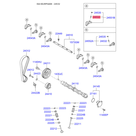 Гвинт, вісь коромисла 24532-02200 Mobis - 2453202200 - схема з каталогу 24532, KEURPSA08 2453202200