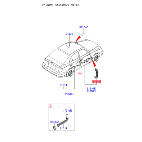 Кольцо проводки (жгут, коса) 91971-25100 Mobis - 9197125100 - схема с каталога 91413, RUS251PA00 9197125100