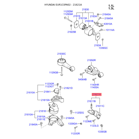 Кронштейн, підвіска двигуна 21680-22021 Mobis - 2168022021 - схема з каталогу 21621A, EUR1C0PA02 2168022021