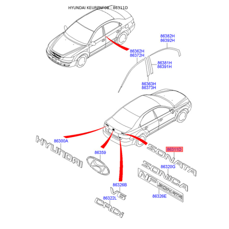 Эмблема задней и боковой двери, капота 86310-3K010 Mobis - 863103K010 - схема с каталога 86311D, KEURPNF08 863103K010