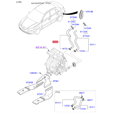 Шланг, теплообменник - отопление 97312-1G100 Mobis - 973121G100 - схема с каталога 97312, KEURPTC05 973121G100