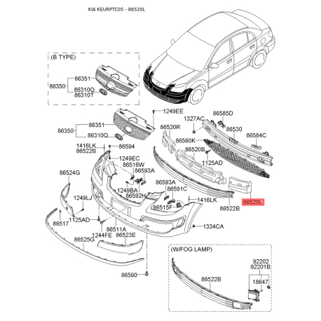 Абсорбер (піна, амортизатор) бампера лівий 86521-1G000 Mobis - 865211G000 - схема з каталогу 86520L, KEURPTC05 865211G000