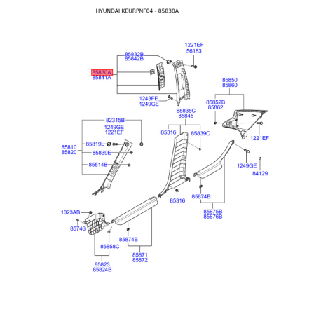 Оббивка (накладка) салону ліва верхня 85830-3K050QS Mobis - 858303K050QS - схема з каталогу 85830A, KEURPNF04 858303K050QS