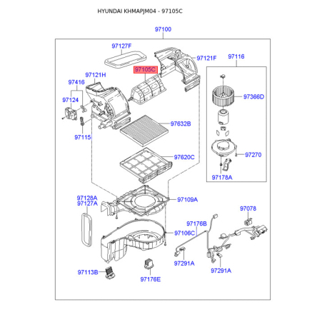 Кришка (корпус або кронштейн) обігрівача 97122-2E200 Mobis - 971222E200 - схема з каталогу 97105C, KHMAPJM04 971222E200