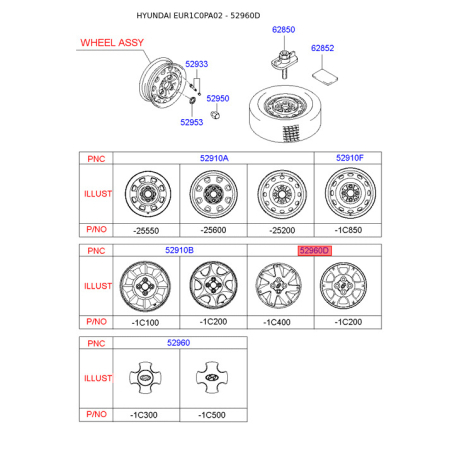Облицовка, колеса 52960-1C200 Mobis - 529601C200 - схема с каталога 52960D, EUR1C0PA02 529601C200