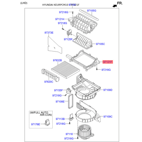 Крышка (корпус или кронштейн) отопителя правая 97121-2B005 Mobis - 971212B005 - схема с каталога 97121F, KEURPCM10 971212B005