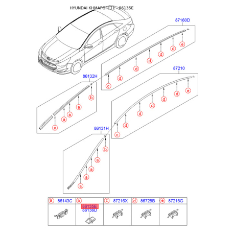 Кріплення молдинга даху ліве 86135-3S000 Mobis - 861353S000 - схема з каталогу 86135E, KHMAPGFE11 861353S000