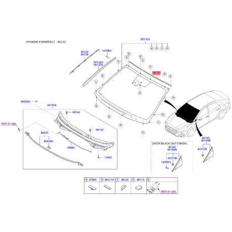 Молдинг (ущільнювач) лобового скла верхній 86131-C1000 Mobis - 86131C1000 - схема з каталогу 86131, KHMAPE617 86131C1000