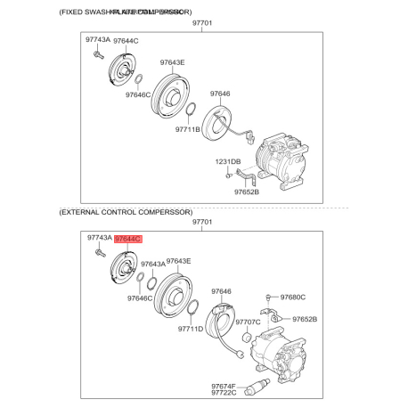 Шків компресора кондиціонера 97644-07110 Mobis - 9764407110 - схема з каталогу 97644C, KEURPTA11 9764407110