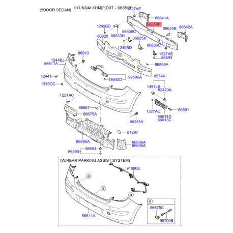 Підсилювач бампера 86631-2L300 Mobis - 866312L300 - схема з каталогу 86650F, KHMJPJD07 866312L300
