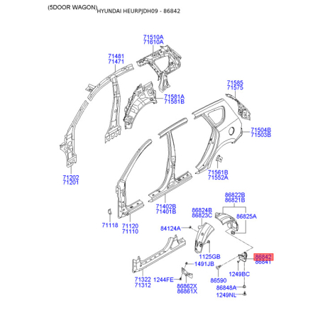Бризговик задній правий 86842-2L100 Mobis - 868422L100 - схема з каталогу 86842, HEURPJDH09 868422L100