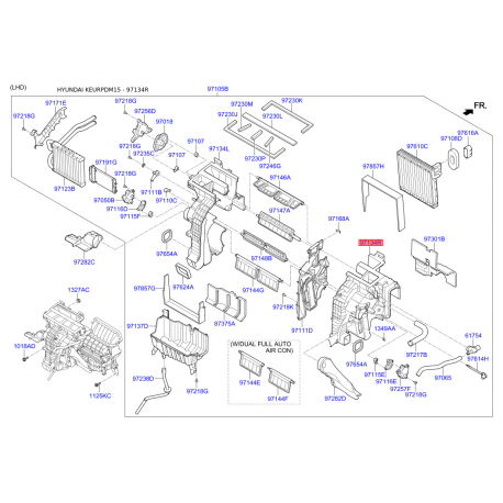 Крышка (корпус или кронштейн) отопителя правая 97135-2W300 Mobis - 971352W300 - схема с каталога 97134R, KEURPDM15 971352W300