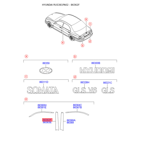 Облицовка / защитная накладка, боковое стекло левая 86362-38002 Mobis - 8636238002 - схема с каталога 86362F, RUS381PA02 8636238002