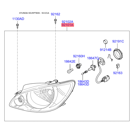 Фара основная левая 92101-1C515 Mobis - 921011C515 - схема с каталога 92101A, KEURPTB06 921011C515