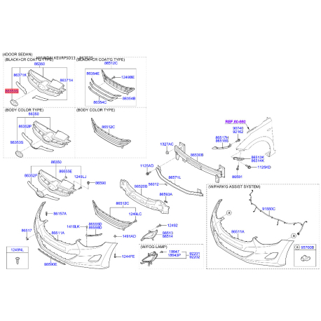 Емблема радіатора задня 86353-3X000 Mobis - 863533X000 - схема з каталогу 86353S, KEURPSD11 863533X000