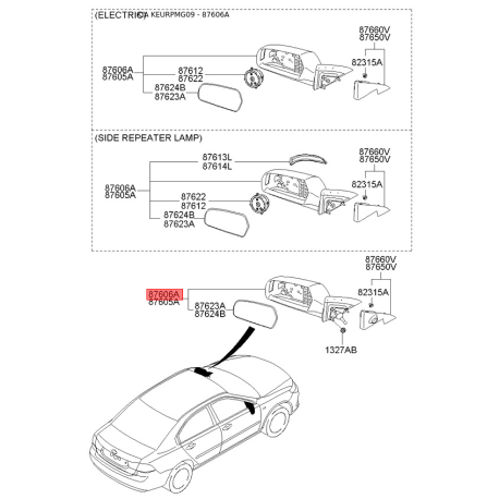 Зеркало наружное заднее правое 87620-2G102 Mobis - 876202G102 - схема с каталога 87606A, KEURPMG09 876202G102