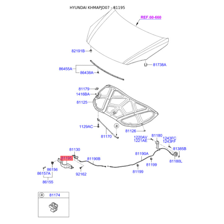 Замок капота 81195-2L000 Mobis - 811952L000 - схема з каталогу 81195, KHMAPJD07 811952L000
