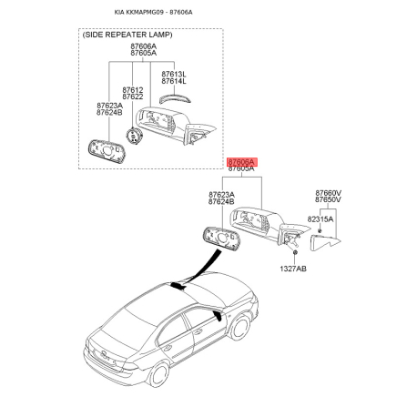 Зеркало наружное заднее правое 87620-2G110 Mobis - 876202G110 - схема с каталога 87606A, KKMAPMG09 876202G110
