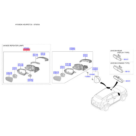 Дзеркало зовнішнє заднє ліве 87610-D7040 Mobis - 87610D7040 - схема з каталогу 87605A, HEURPD716 87610D7040