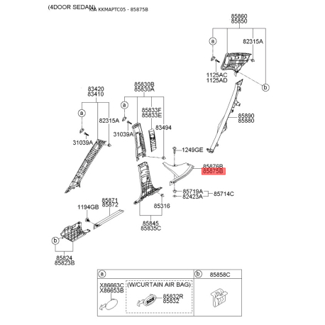 Обивка (накладка) салона левая 85875-1G000RU Mobis - 858751G000RU - схема с каталога 85875B, KKMAPTC05 858751G000RU