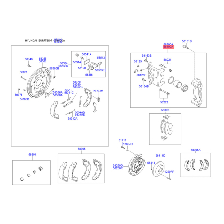 Супорт гальмівний без колодок правий 58400-1C800 Mobis - 584001C800 - схема з каталогу 58400A, IEURPTBI07 584001C800