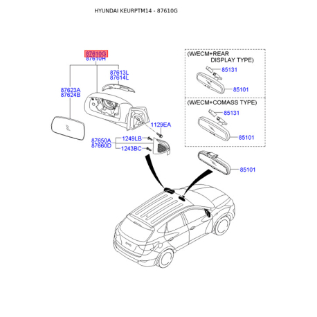 Зеркало наружное правое 87620-2S350CA Mobis - 876202S350CA - схема с каталога 87610G, KEURPTM14 876202S350CA